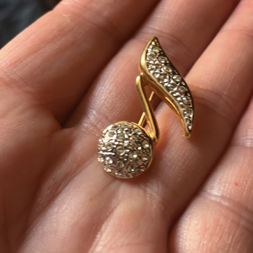 Vintage Rhinestone and Goldtone Music Note Brooch